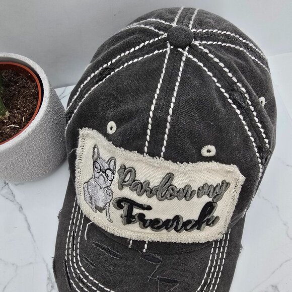 boho Pardon My French embroidered gray canvas adjustable baseball hat - Picture 3 of 8